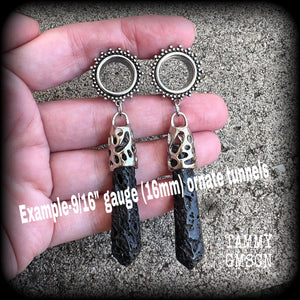 Ornate Volcanic lava rock tunnel earrings