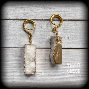 Measuring just 7.5 cms from tip to tip, and weighing approx 13 grams each, these gorgeous rustic white druzy and antique gold earrings have been made on 6 gauge (4mm) titanium coated surgical steel full curl hooks, to be worn in stretched lobes.