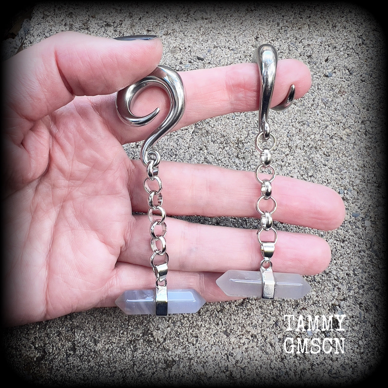 Grey agate gemstone gauged earrings-Gemstone hangers