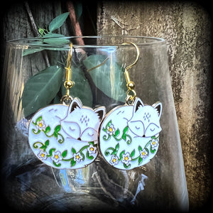 White fox and flowers earrings