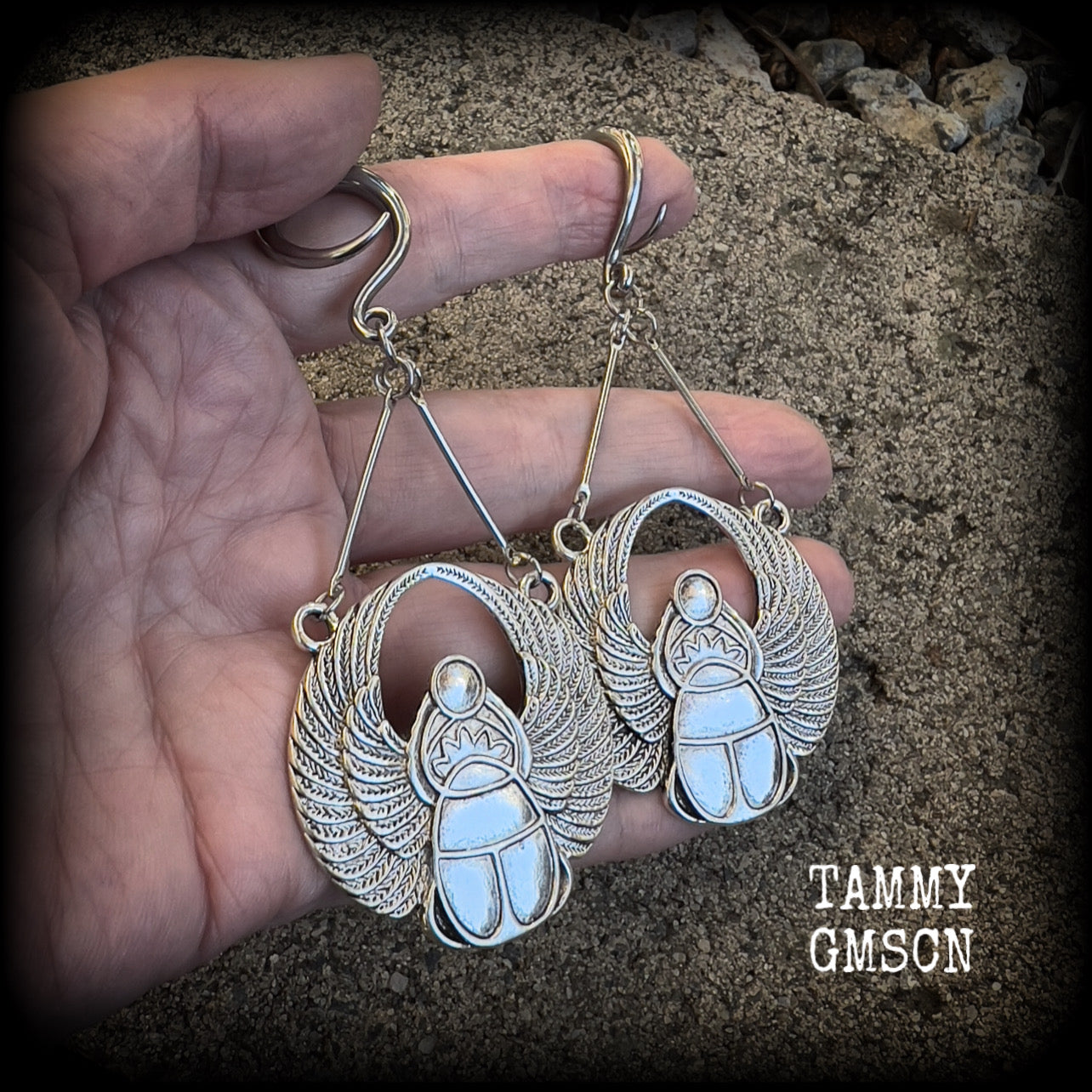 Silver scarab beetle gauged earrings