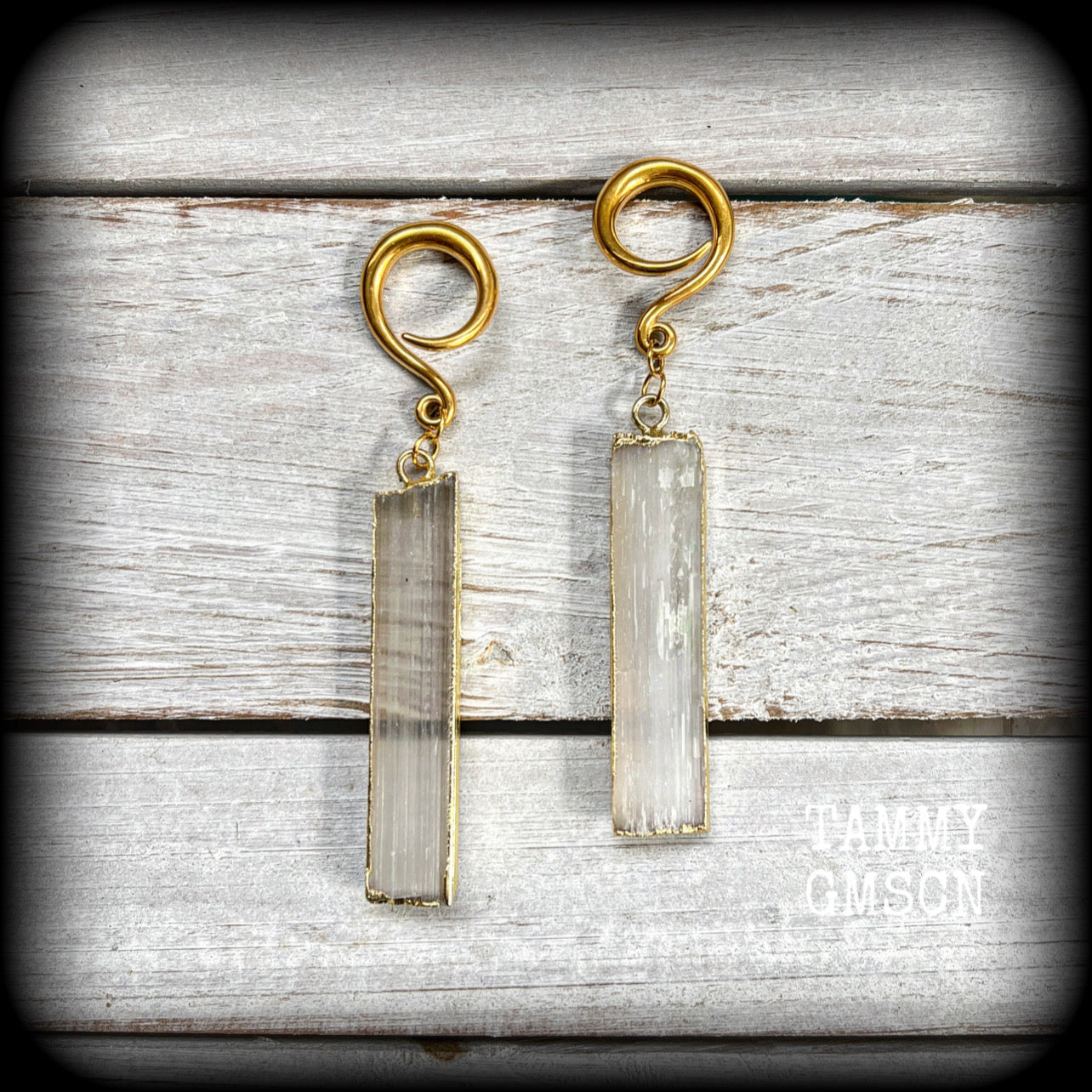 Selenite gauged earrings