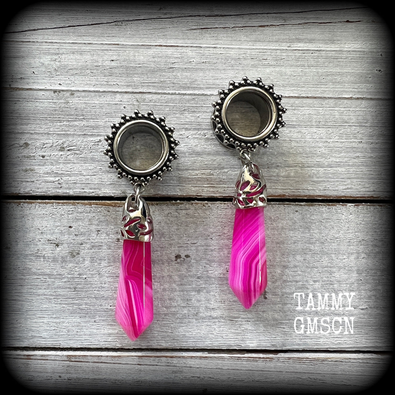 Pink agate boho tunnel dangles