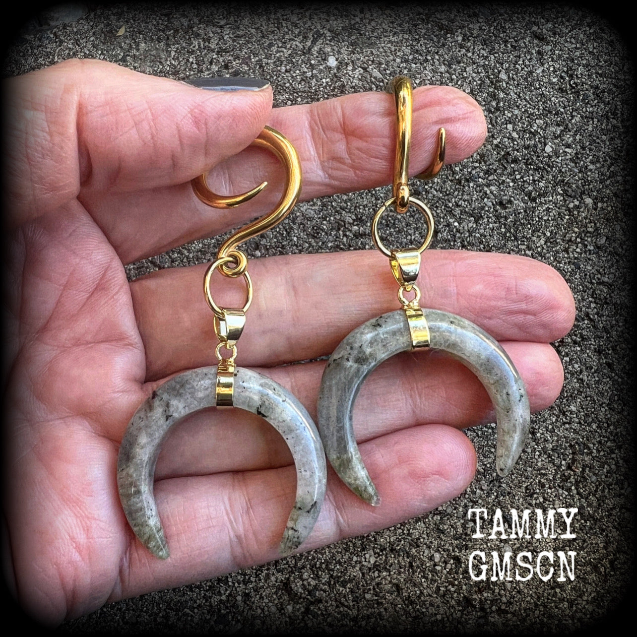 Labradorite crescent moon gauged earrings