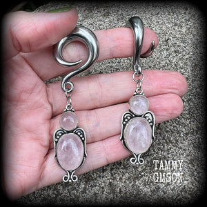 Rose quartz gauged earrings-Gemstone ear weights