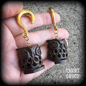 Owl earrings-Gauged earrings-Carved wood earrings