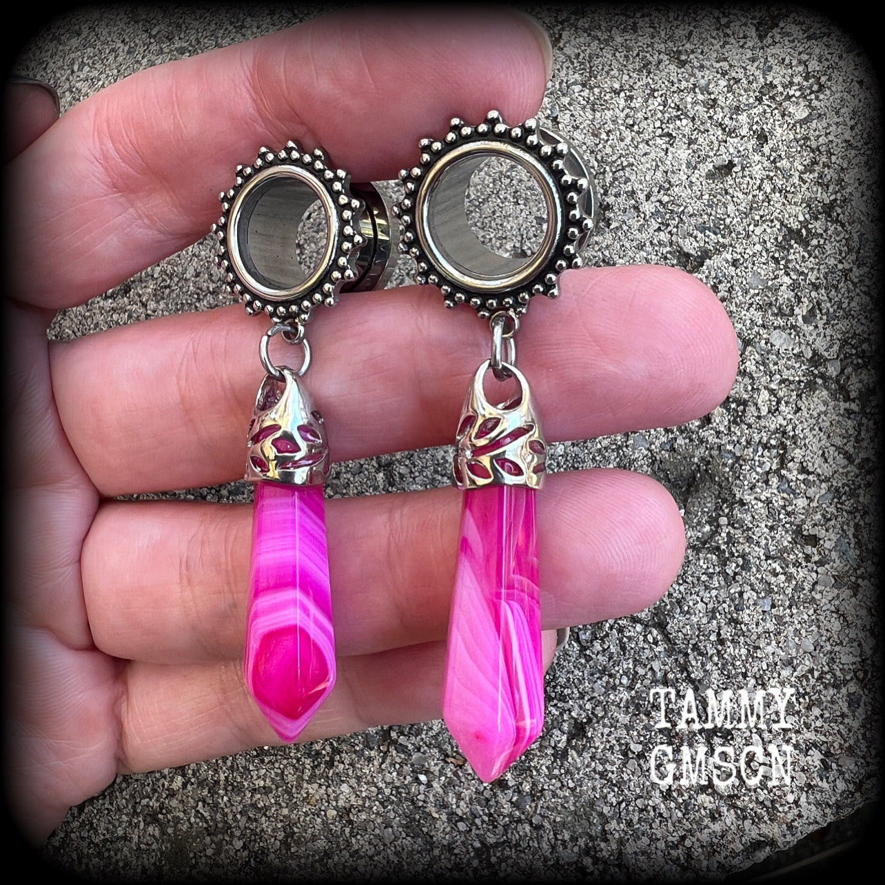 Pink agate boho tunnel dangles