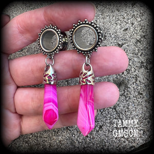 Pink agate boho tunnel dangles