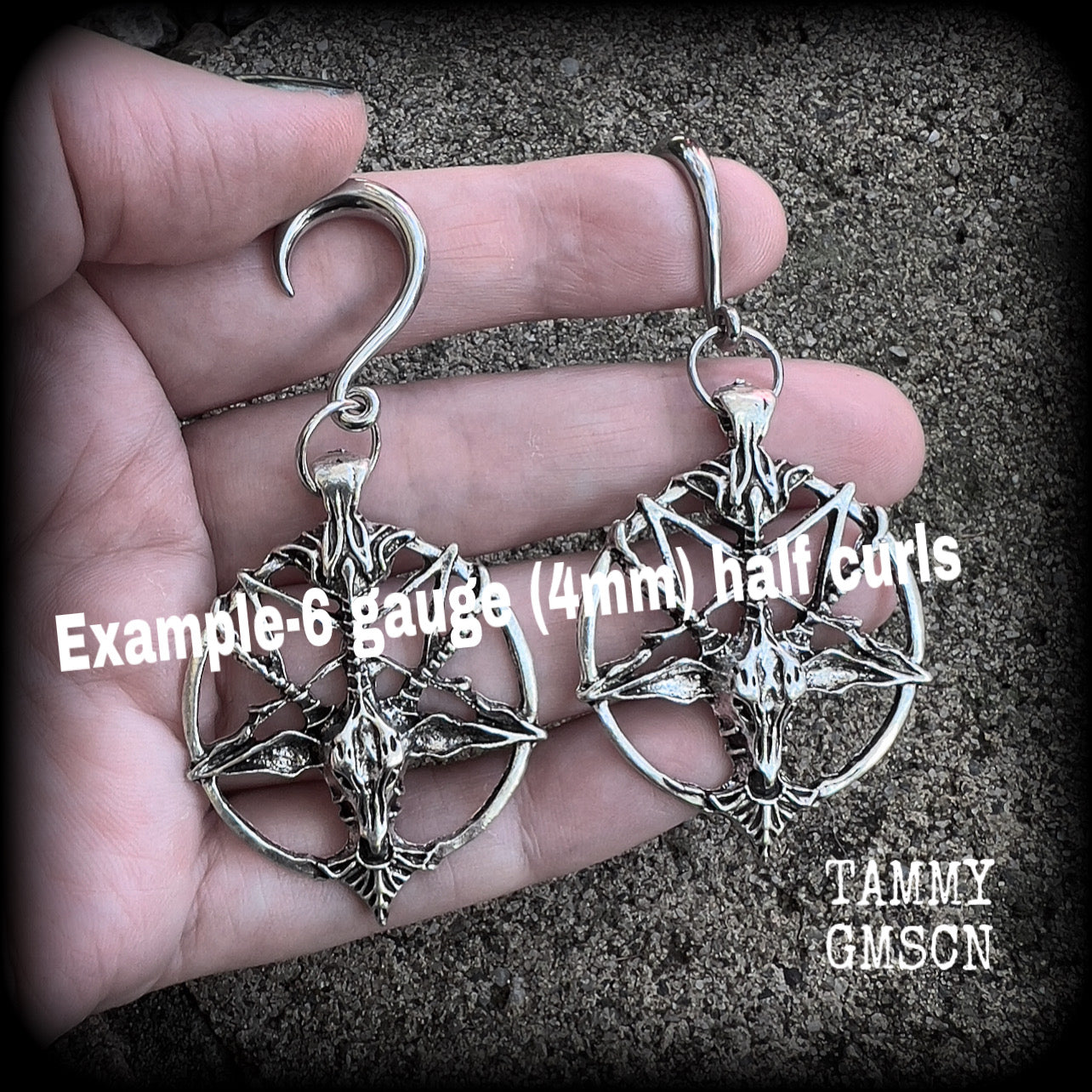 Antique silver Baphomet gauged earrings-Occult ear hangers