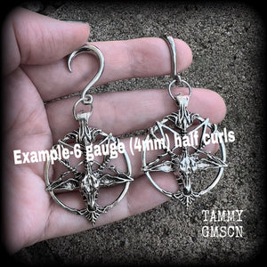 Antique silver Baphomet gauged earrings-Occult ear hangers