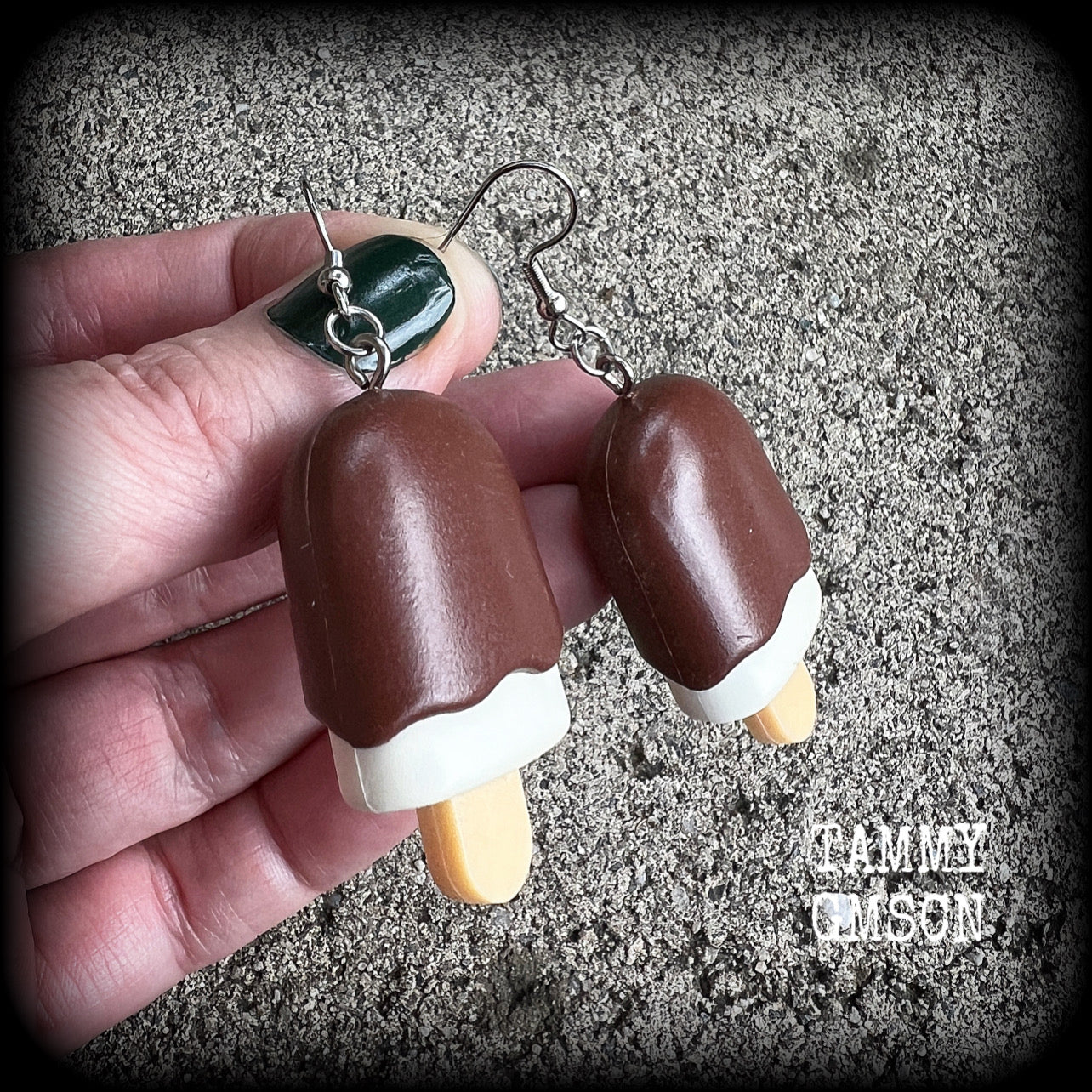 Chocolate ice cream earrings Ice creams Kitsch earrings Soft serve earrings Novelty earrings Party favours Birthday party Pierced ears Stretched lobes Ear gauges Stocking stuffers Cake earrings Chocolate earrings