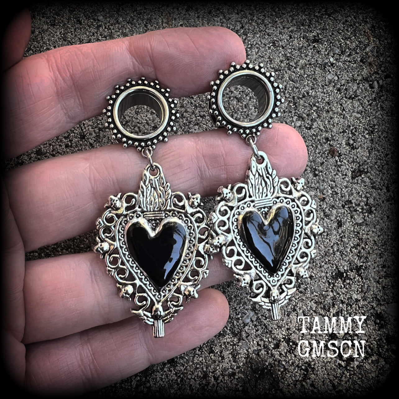 Black sacred heart tunnel earrings with cherbus and filigree details available on a range of different style tunnels from 6mm to 25mm