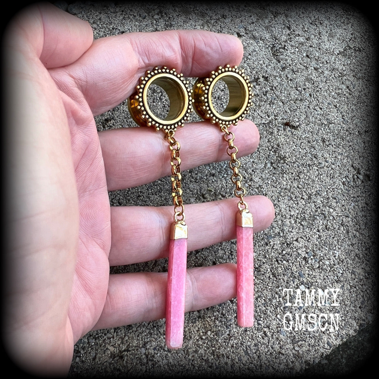 Beautiful cherry quartz slivers hanging from ornate tunnels with antique gold chain, available on a range of hooks and clasps for pierced ears.