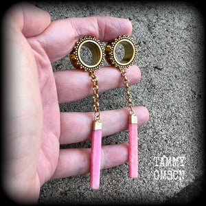 Beautiful cherry quartz slivers hanging from ornate tunnels with antique gold chain, available on a range of hooks and clasps for pierced ears.