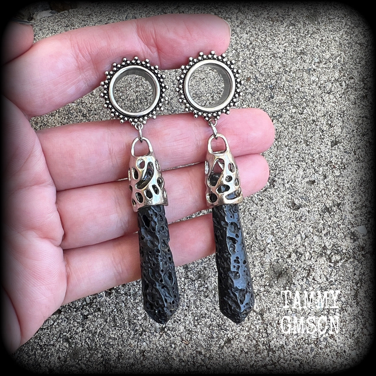 Ornate Volcanic lava rock tunnel earrings