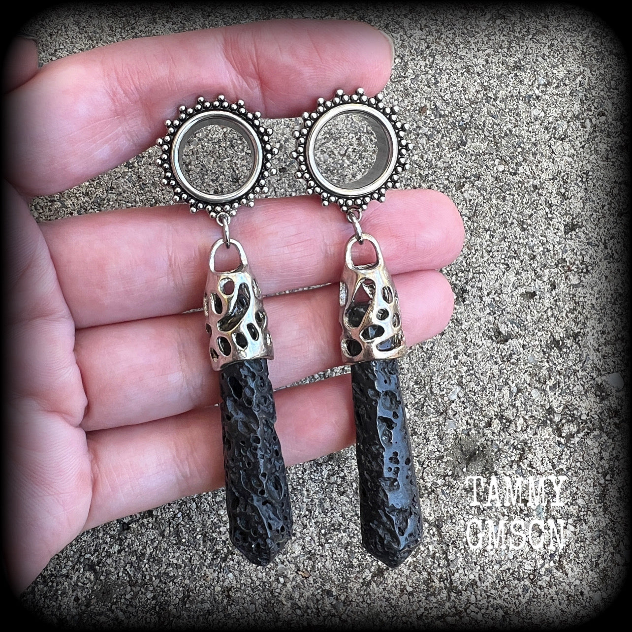 Ornate Volcanic lava rock tunnel earrings