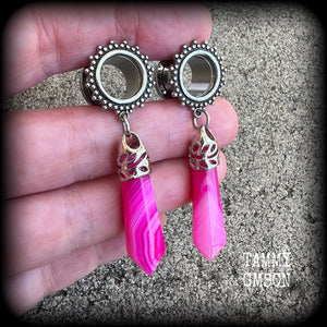 Pink agate boho tunnel dangles