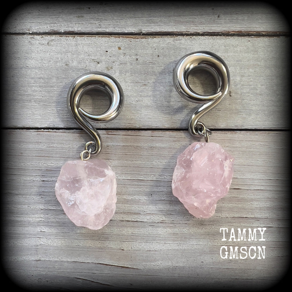 Raw Rose quartz gauged earrings