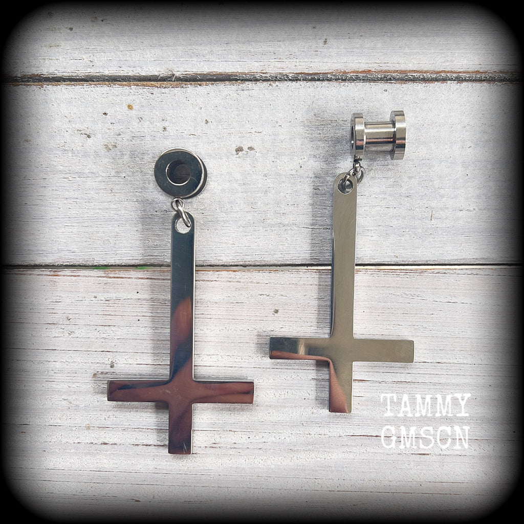 Inverted cross tunnel earrings-Satanic jewelry