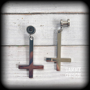 Inverted cross tunnel earrings-Satanic jewelry