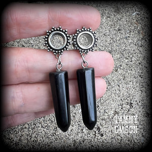 Ornate Obsidian gemstone tunnel dangles