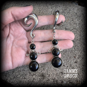 Obsidian ear weights Black obsidian ear hangers Gemstone ear gauges Boho body jewelry Gothic earrings Ear jewellery 00 gauge ear weights 10mm earrings Stretched lobes Stretched ears Pierced ears Gauged earrings