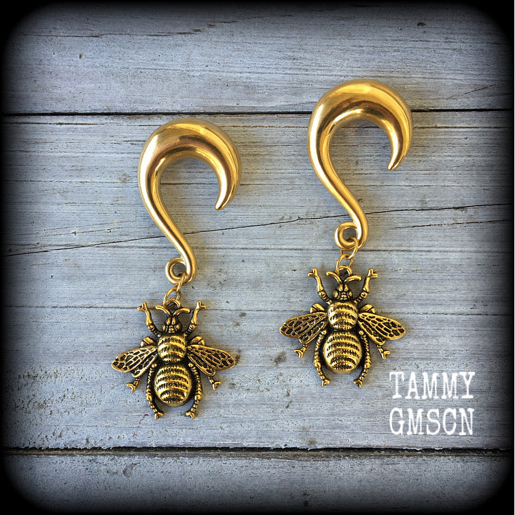 Antique gold bee gauged earrings-Insect ear weights