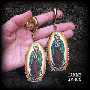 Virgin Mary Lady of Guadalupe jewelry Lady of Guadalupe gauged earrings Sacred heart ear weights 00 gauge ear weights Ear hangers Body jewelry Religious jewelry Catholic jewellery Voodoo jewelry 4mm 6mm 8mm 10mm 12mm 14mm 16mm 19mm 22mm 25mm 28mm 30mm Stretched lobes Ear gauges Saints