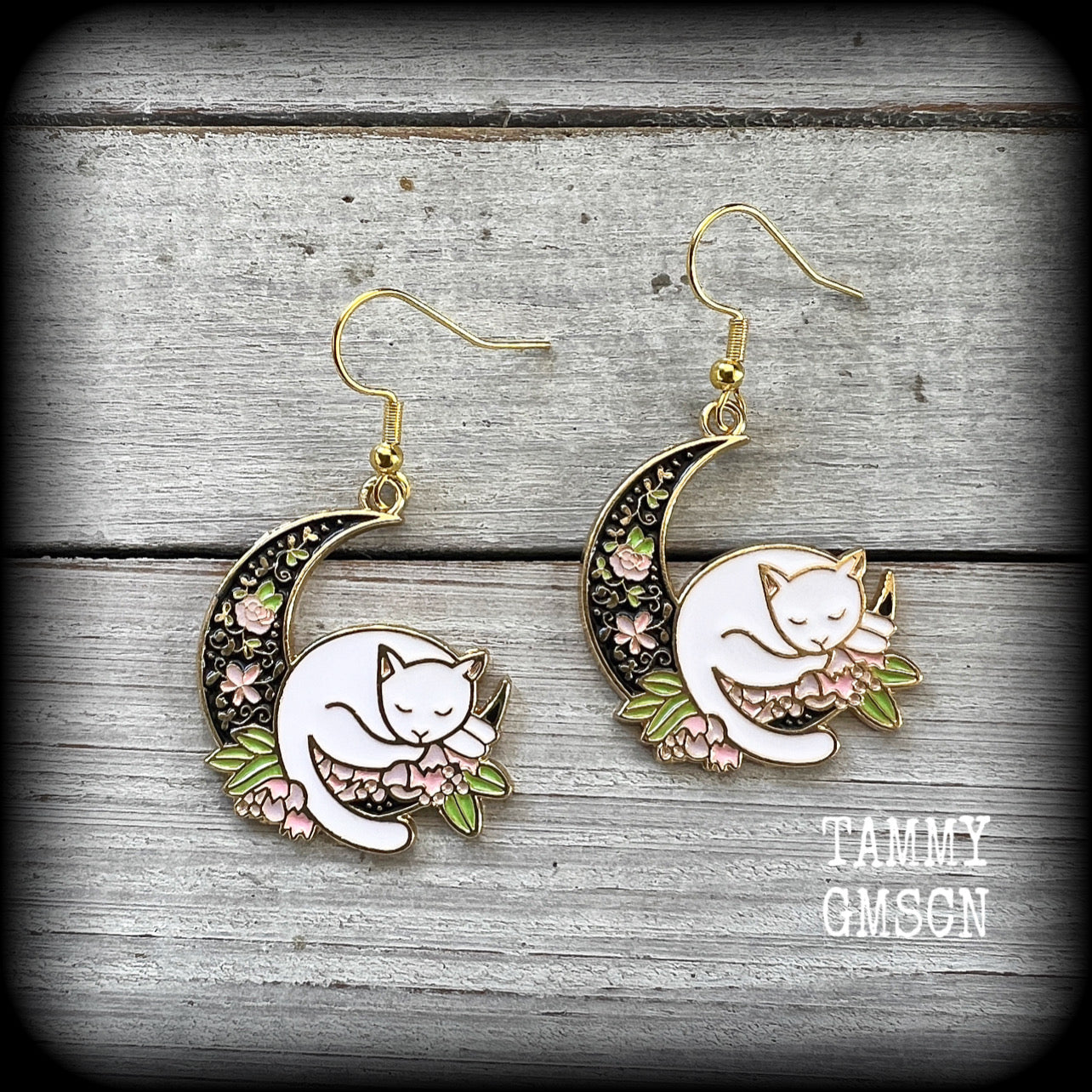 Cat and crescent moon earrings