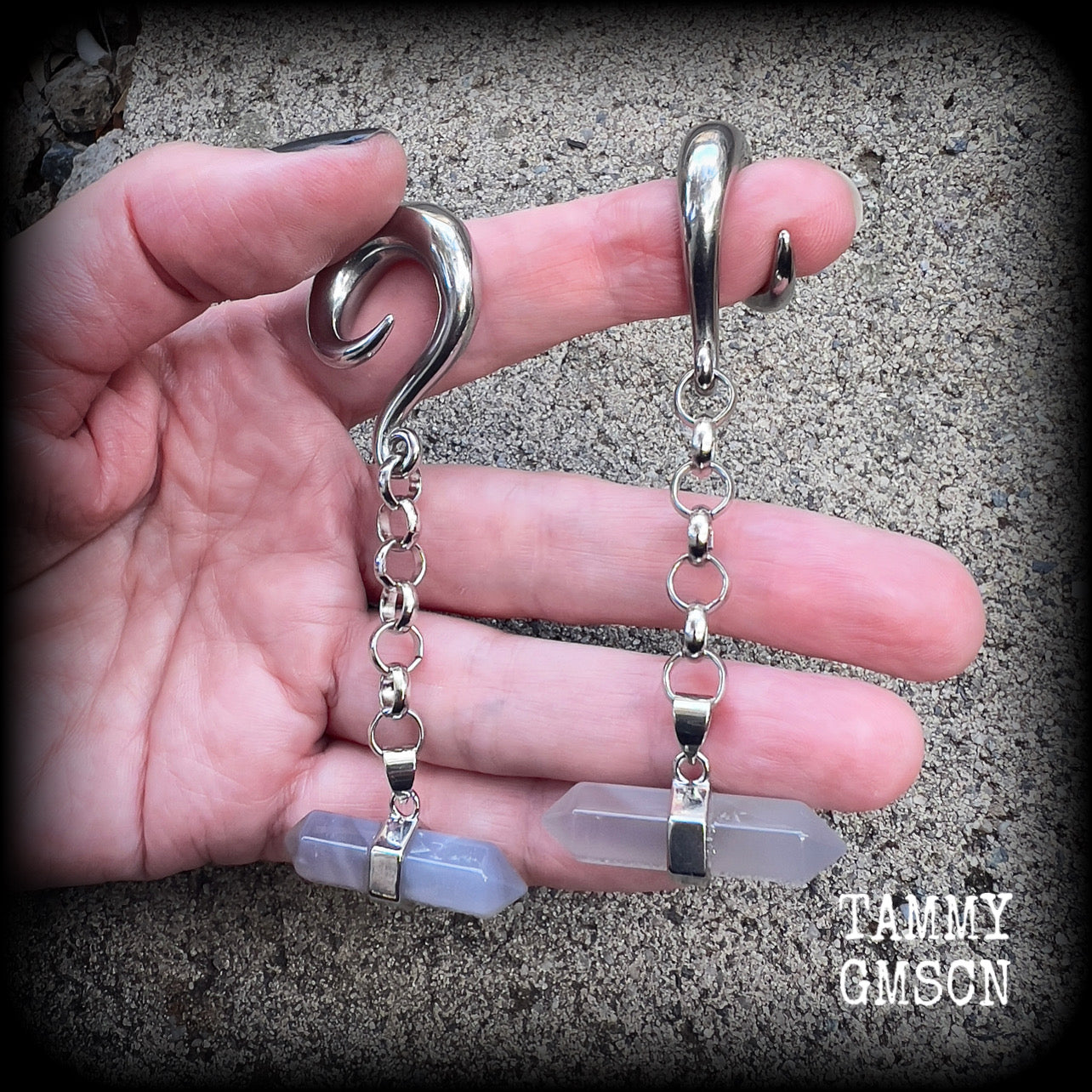 Grey agate gemstone gauged earrings-Gemstone hangers