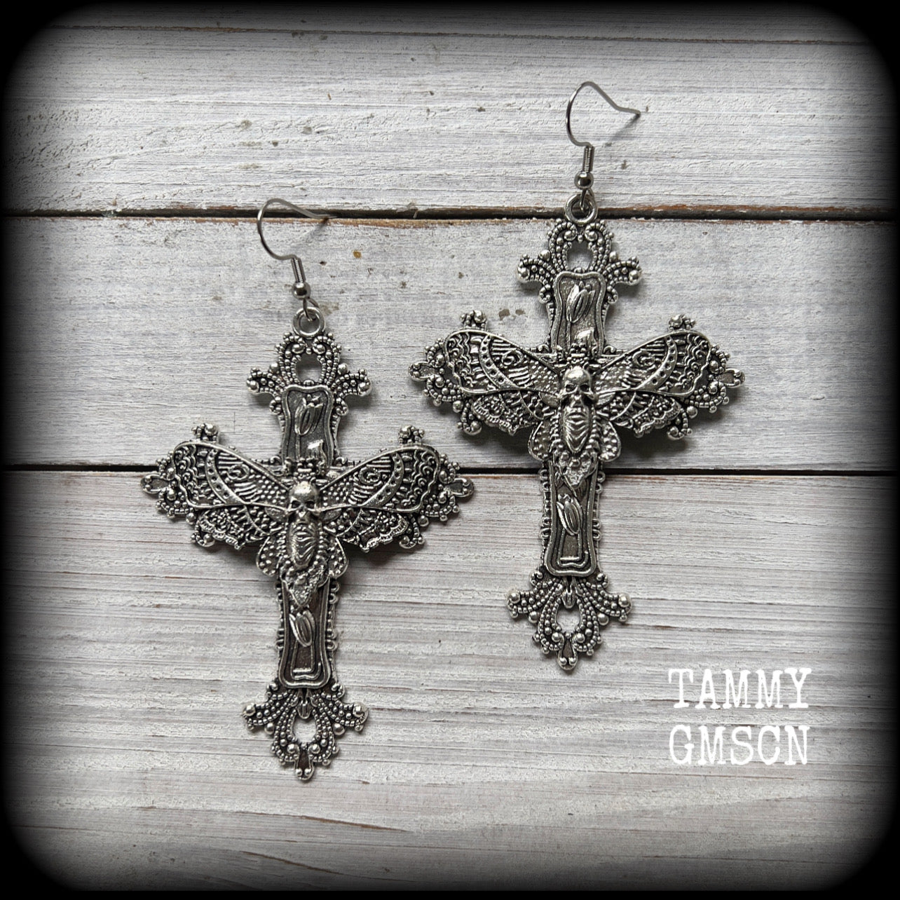 Cross and deaths head moth earrings-Gothic earrings