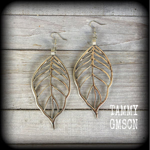 Oversize antique silver skeleton leaf earrings