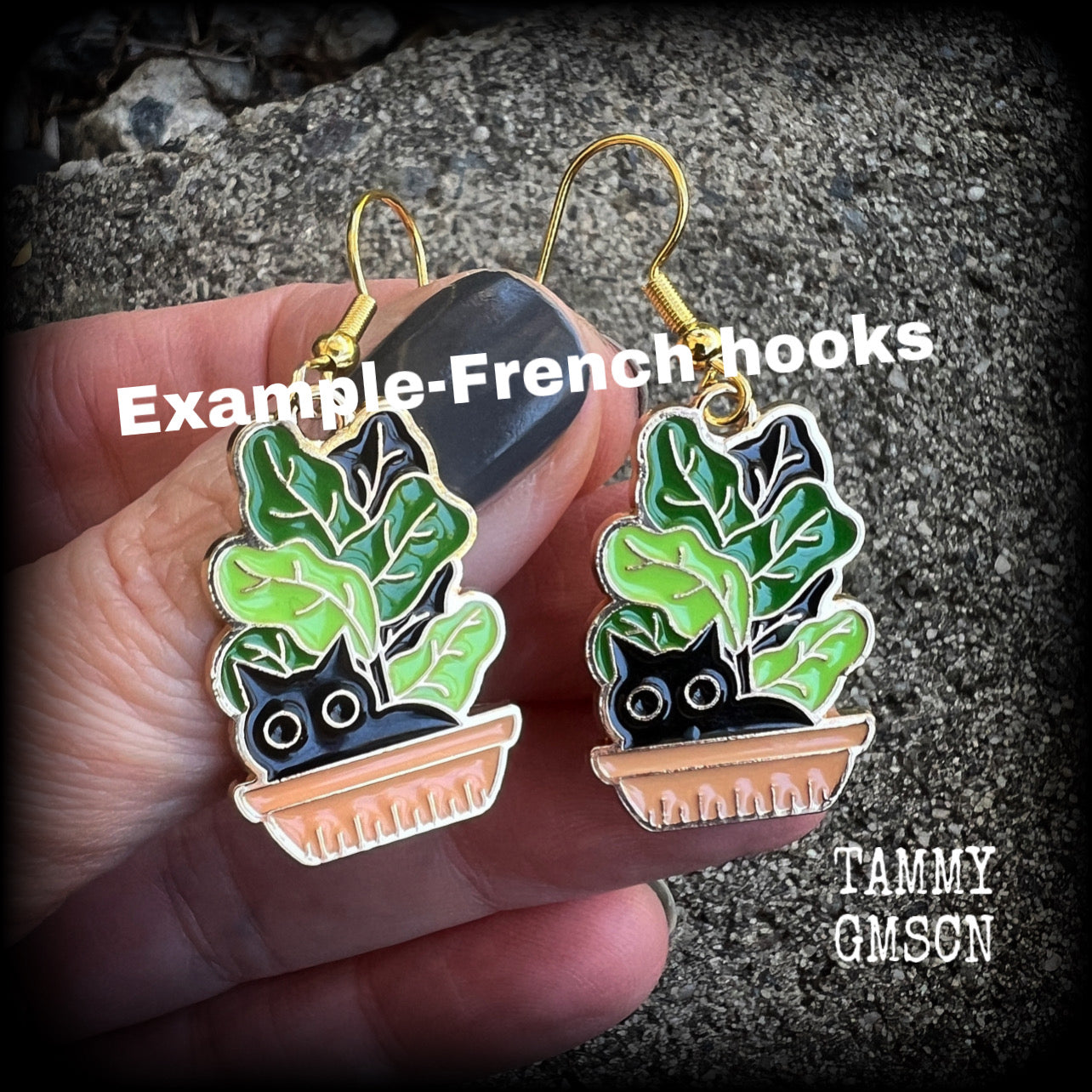 Black cat and pot plant earrings