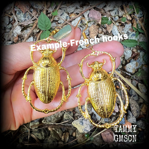 This is a pair of beautiful big antique gold scarab beetle earrings, made on french hooks for pierced ears. 