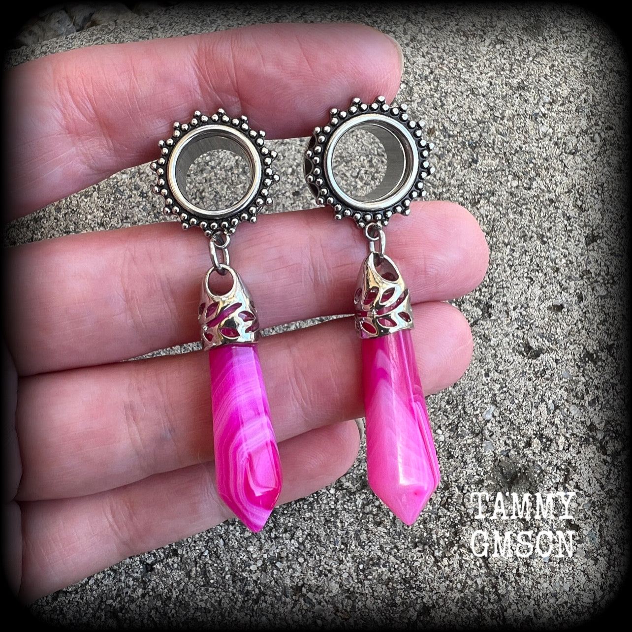 Pink agate boho tunnel dangles