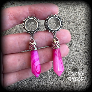 Pink agate boho tunnel dangles