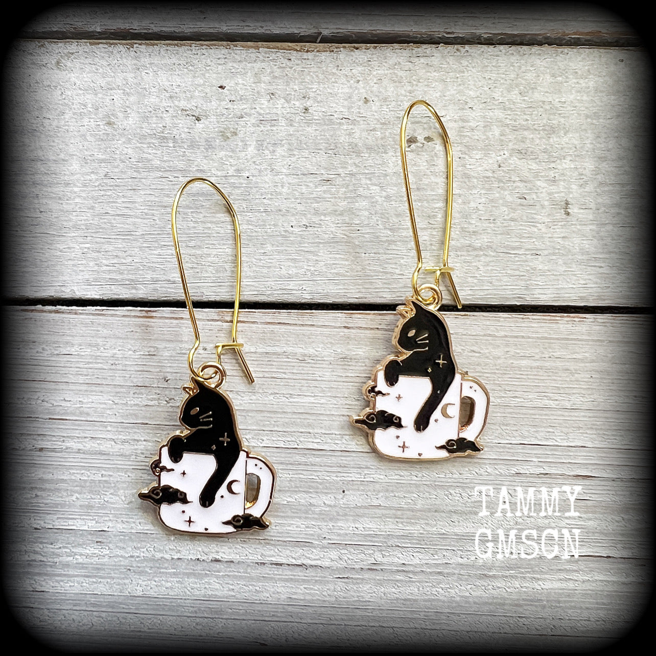 Black cat and coffee cup earrings