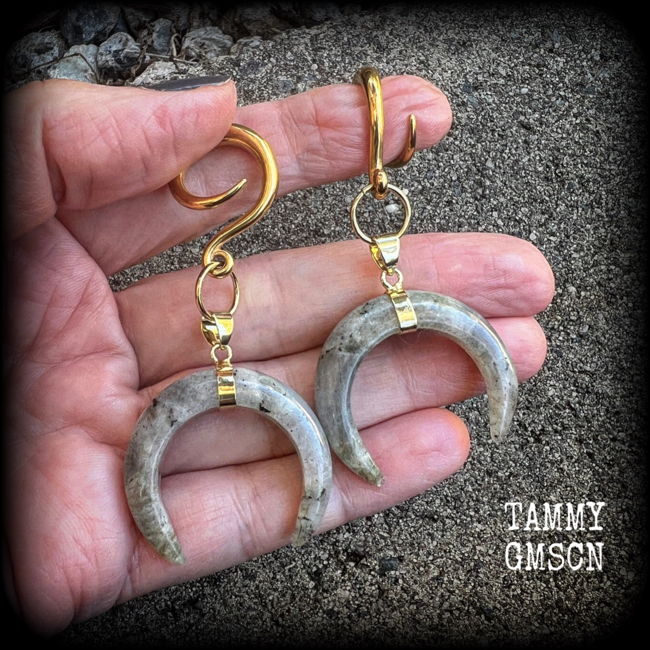 Labradorite crescent moon gauged earrings