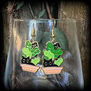 Black cat and pot plant earrings