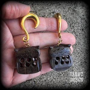 Owl earrings-Gauged earrings-Carved wood earrings