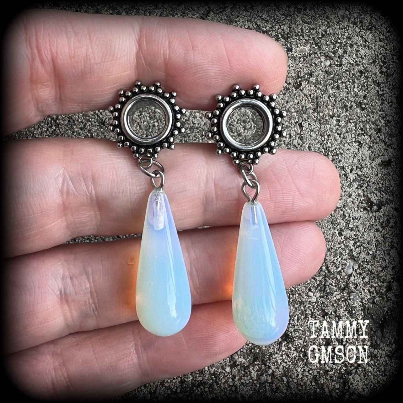 Ornate Opalite teardrop tunnel dangles