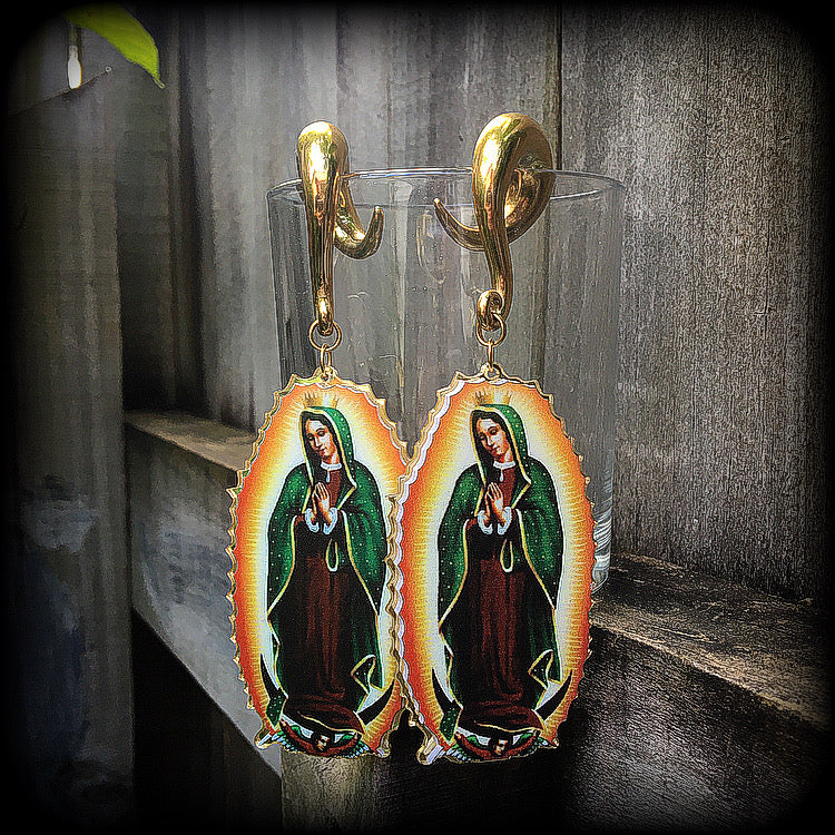 Lady of Guadalupe earrings Lady of Guadalupe jewelry Lady of Guadalupe gauged earrings Sacred heart ear weights 00 gauge ear weights Ear hangers Body jewelry Religious jewelry Catholic jewellery Voodoo jewelry 4mm 6mm 8mm 10mm 12mm 14mm 16mm 19mm 22mm 25mm 28mm 30mm Stretched lobes Ear gauges Saints