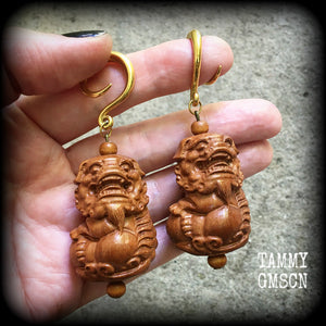 Foo dog gauged earrings-Carved wood ear hangers