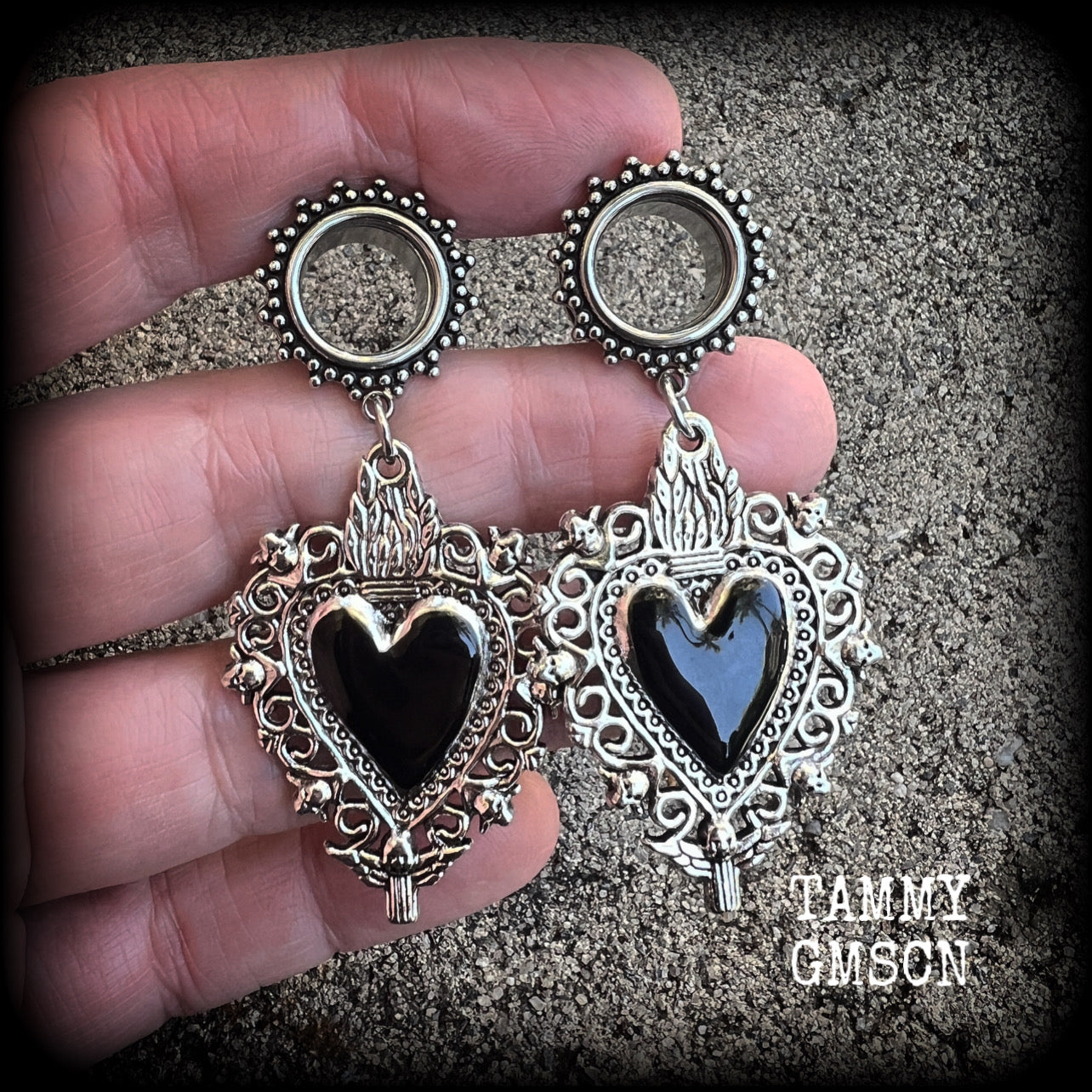 Black sacred heart tunnel earrings with cherbus and filigree details available on a range of different style tunnels from 6mm to 25mm