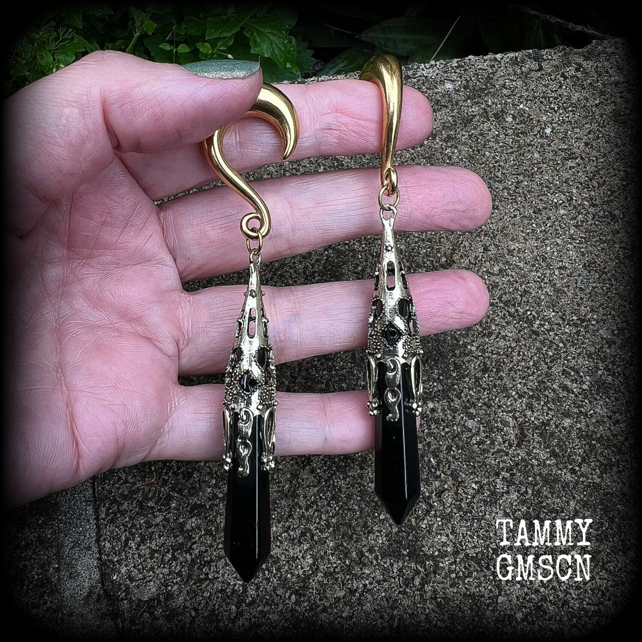 Black obsidian gauged earrings 