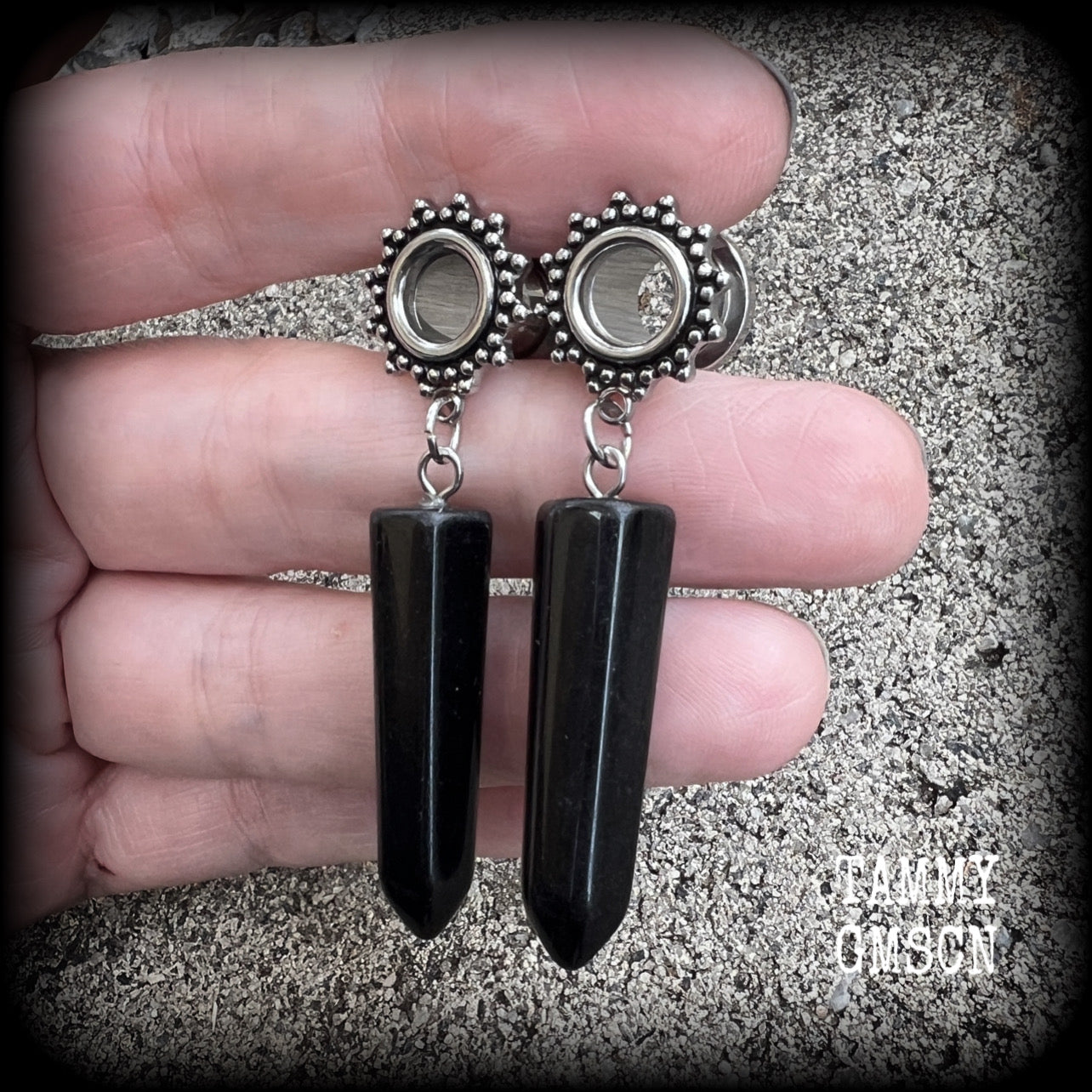 Ornate Obsidian gemstone tunnel dangles