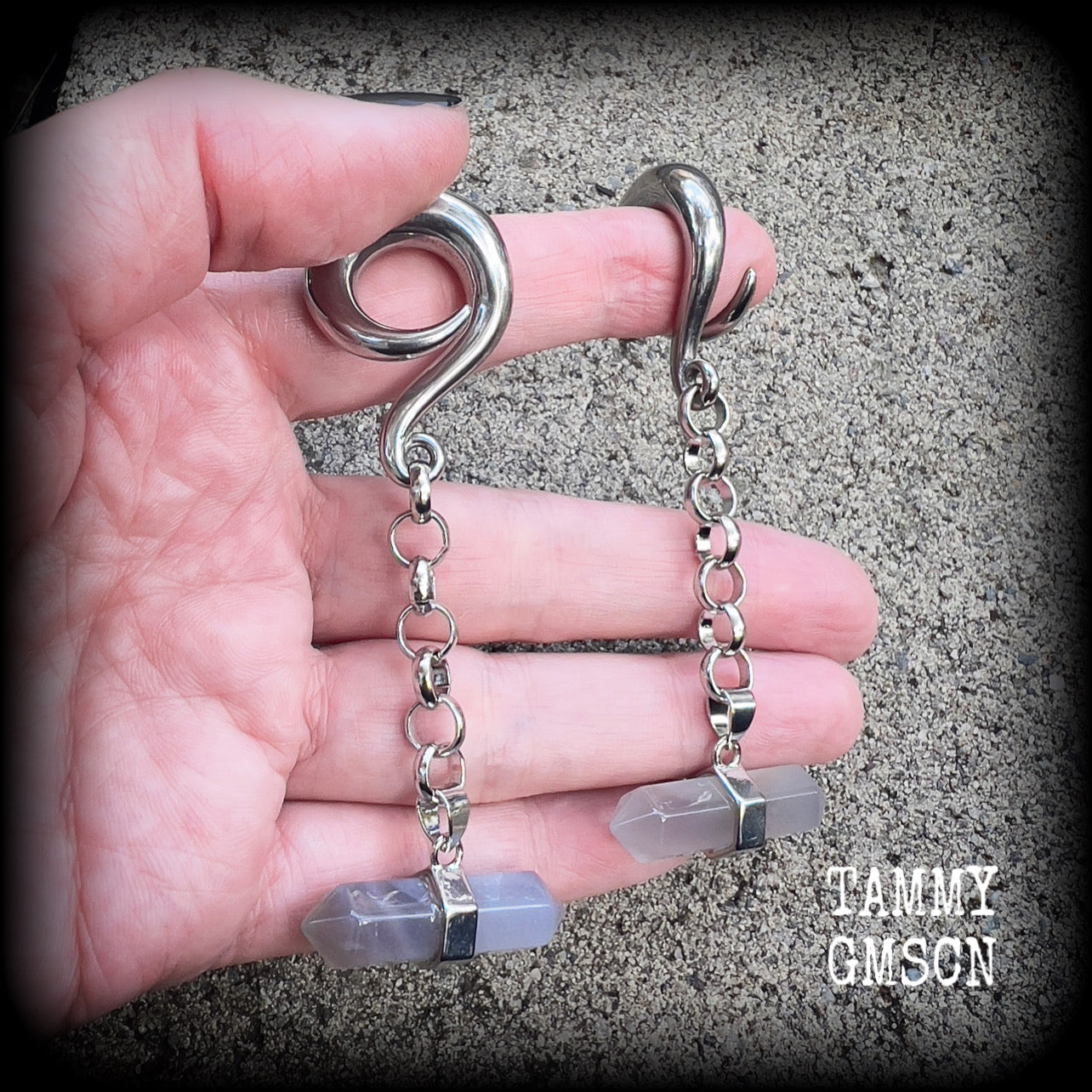 Grey agate gemstone gauged earrings-Gemstone hangers