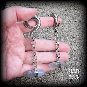 Grey agate gemstone gauged earrings-Gemstone hangers