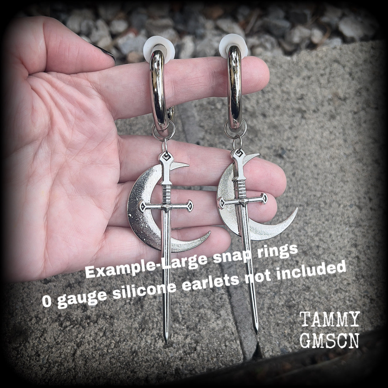 Sword and crescent moon gauged hoop earrings