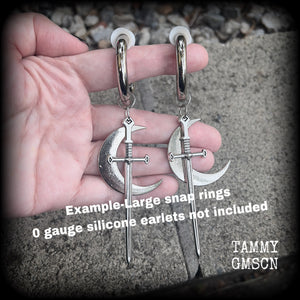 Sword and crescent moon gauged hoop earrings